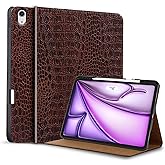 Gexmil Genuine Leather Case for iPad Air 13 Inch M3 2025/ M2 2024,Premium Leather Smart Folio Cover with Pencil Holder, Auto Sleep/Wake,Adjustable Stand, Anti-Slip,Brown Crocodile