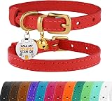 BRONZEDOG Leather Cat Collar with QR Tag Kitten Bell Red Gold 18-22 cm