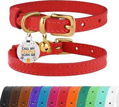 BRONZEDOG Leather Cat Collar with QR Tag Kitten Bell Red Gold 18-22 cm