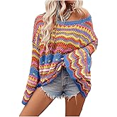Floerns Women's Colorful Sweater Crochet Open Knit Long Sleeve Drop Shoulder Oversized Sweater