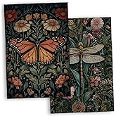 TNUW Vintage Butterfly Dragonfly Floral Kitchen Towels 16x24 Inch Set of 2, Dark Cottagecore William Morris Flower Hand Towels for Bathroom Decor, Retro Floral Dish Tea Towels for Kitchen