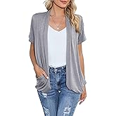 HIYIYEZI Open Front Cardigan Sweaters for Women with Pockets Lightweight Short Sleeve Ruffle Front Kimono Cardigan Duster
