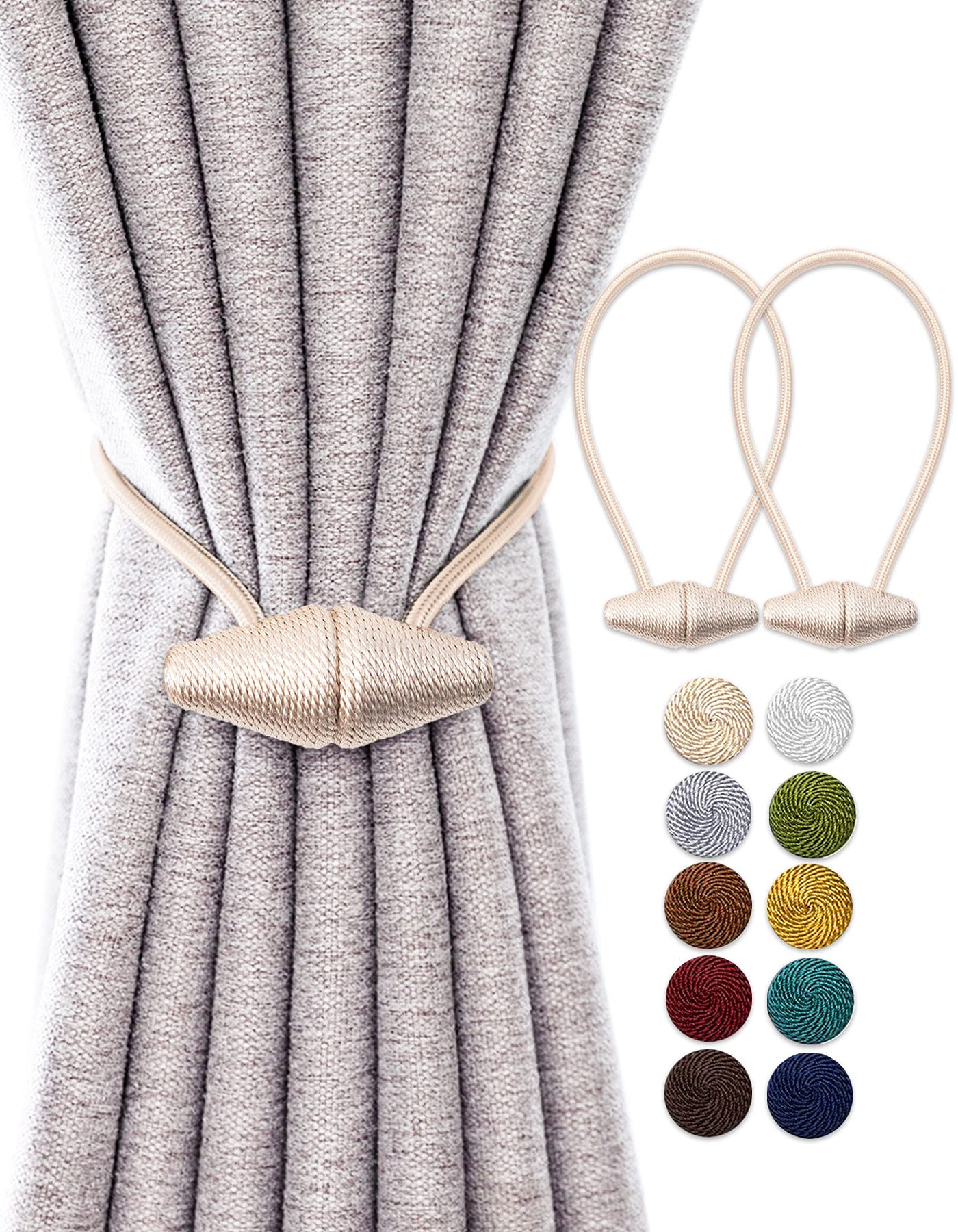 TECVINCI Magnetic Curtain Tiebacks with Upgrade Larger Magnet, 2 Pack 40cm Drapery Holdbacks for Indoor & Outdoor Curtain - Beige