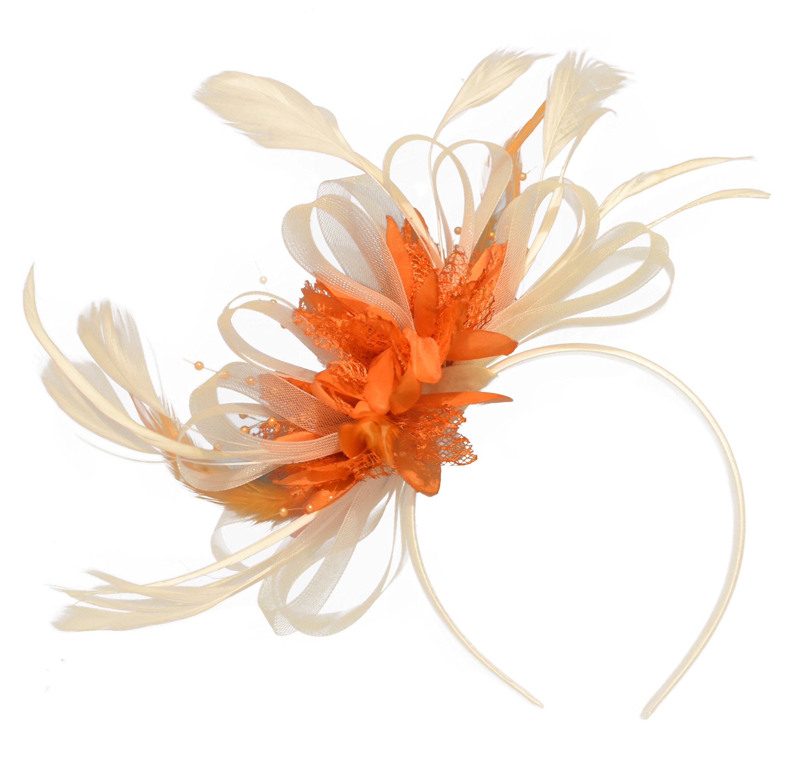 Caprilite Fashion Cream Ivory and Orange Net Hoop Feather Hair Fascinator Headband Wedding Royal Ascot Races