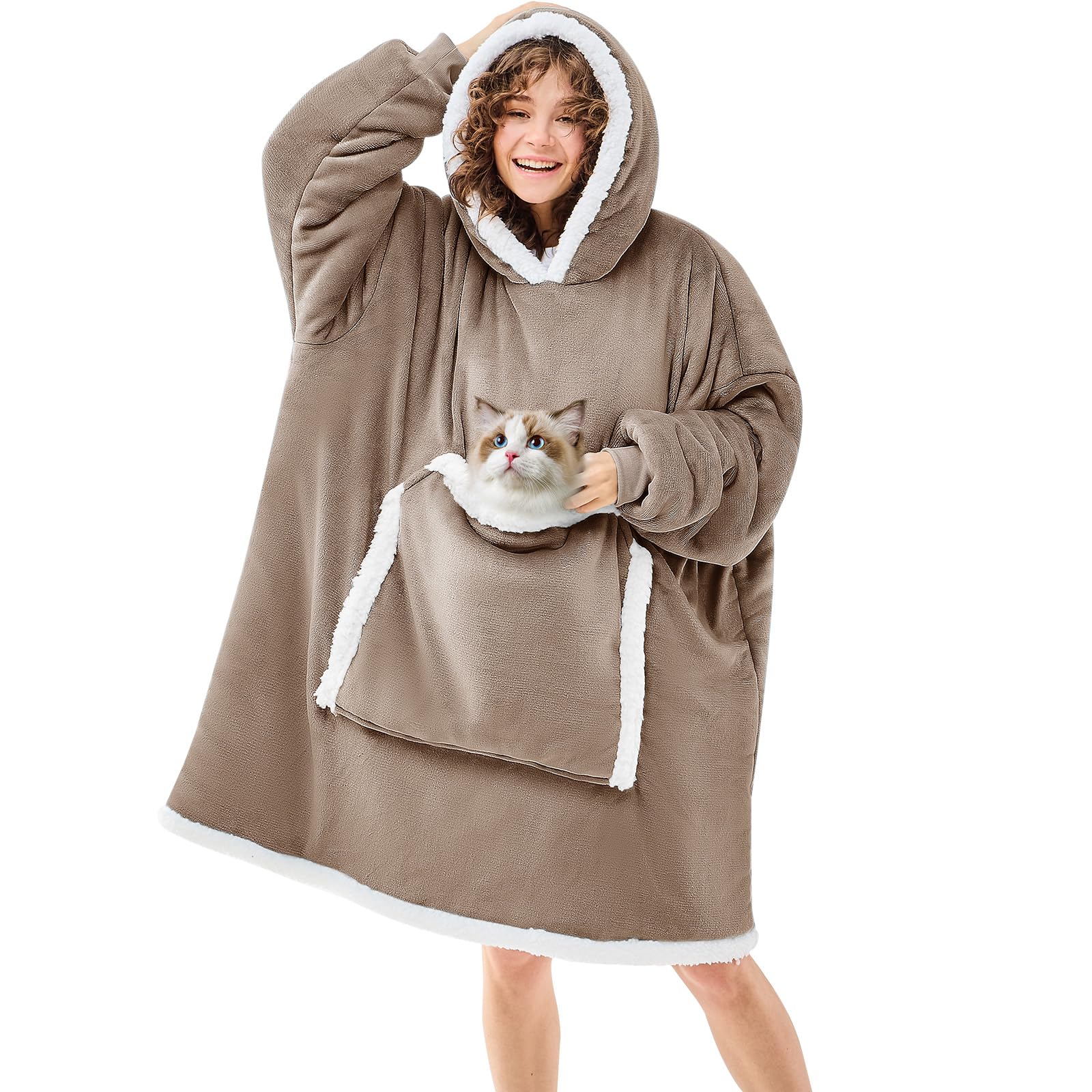 JOYWOO Nude Wearable Blanket Hoodie,Oversized Cat Lovers Sweatshirt Blanket for Adult, Birthday Gifts for Women Mom Grandma,Cozy Sherpa Hooded Blanket with Giant Pocket Winter Gifts,Nude Standard Image
