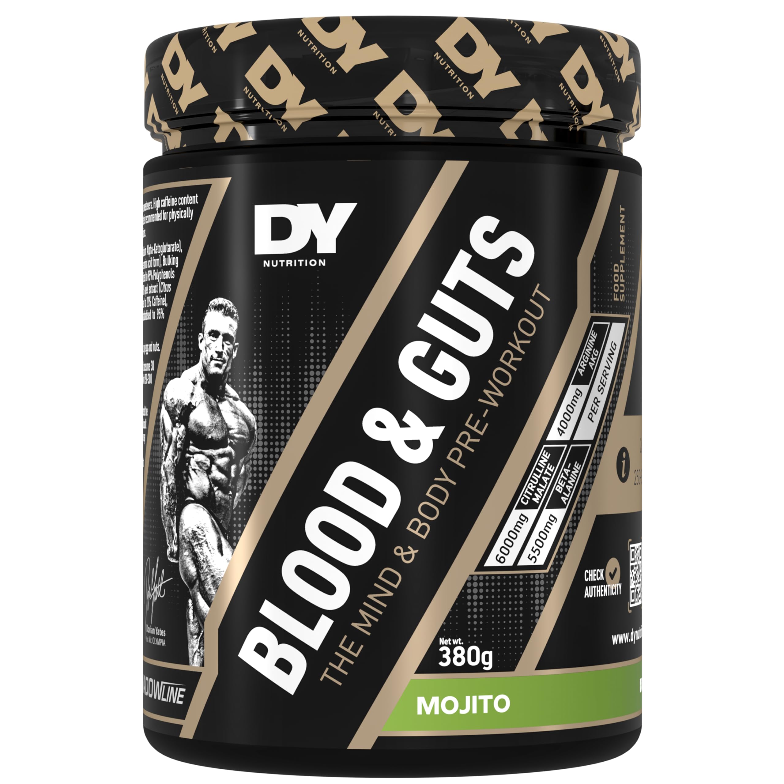 DY Nutrition - Blood & Guts Pre Workout Powder, 380g - High Strength Preworkout with 350mg Caffeine, Citrulline Malate, Beta Alanine, Arginine AKG, L-Tyrosine, Vitamin B3 for Men & Women (Mojito)