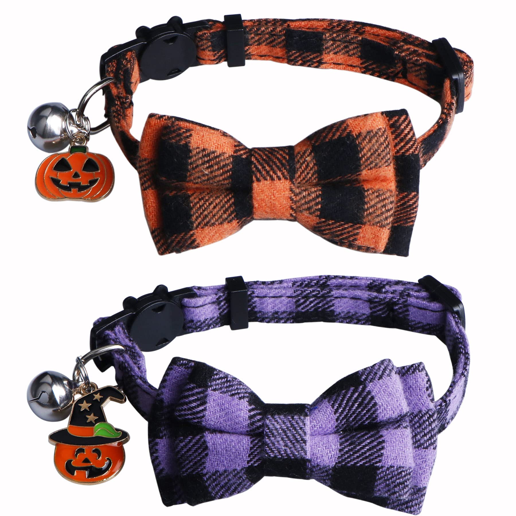 STMK 2 Pack Halloween Plaid Cat Collars with Bow Tie Bell, Breakaway Adjustable Pumpkin Cat Kitten Collars with Bowtie Bell for Halloween Cats Kittens Costume Decorations