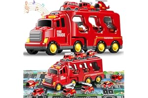 Beby Buty 8 in 1 Fire Trucks Cars Toys for Toddlers 3-5, Boy Toddler Car Truck Toys with Playmat and Light Sound, Birthday Gifts Toys for 3 4 5 6 Year Old Boy