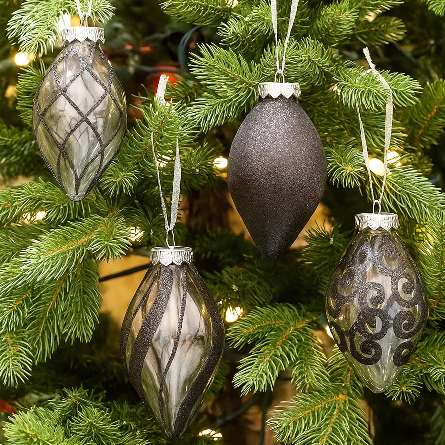 SLEETLY 12pk Christmas Tear Drop Finial Hanging Pendant Baubles for Tree Holiday Xmas Christmas Decorations, Long 4 inch Big Shatterpoof Plastic Ornaments, Black