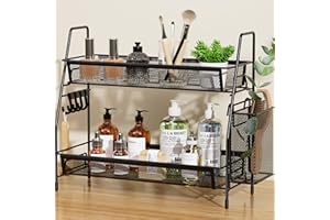 VITVITI 2-Tier Bathroom Organizer Countertop, Metal Wire Mesh Bathroom Counter Organizer Storage with Basket Hooks, Vanity Tray Shelf, Kitchen Spice Rack, Black
