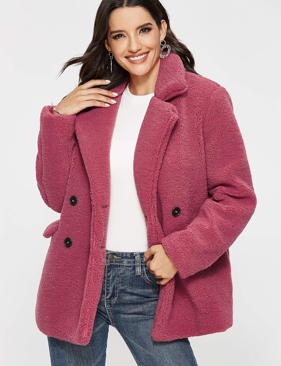 Escalier Women's Faux Shearling Coat Warm Winter Long Sleeve Lapel Fluffy Fur Outwear: Clothing