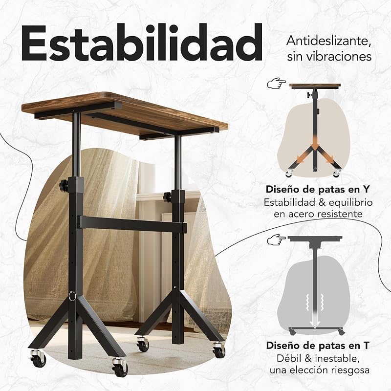 Escritorio de pie Ajustable en Altura, 6 ajustes de Altura de hasta 118 cm, 80 x 40 cm, Escritorio pequeño móvil con diseño de Patas Triangulares, Movilidad Suave con Ruedas bloqueables, Mesa