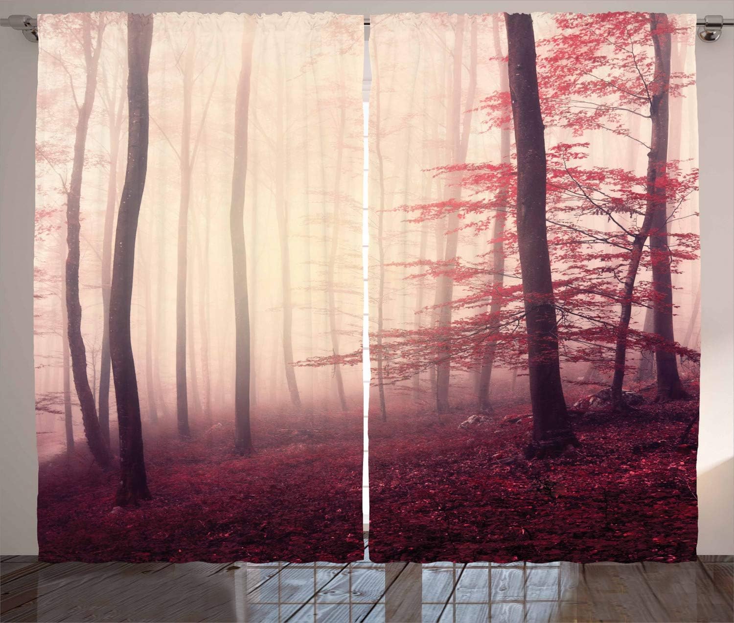 Ambesonne Woodland Curtains, Fantasy Marsala Color Foggy Forest Jungle Dreamy Wilderness Woods Sunlight, Living Room Bedroom Window Drapes 2 Panel Set, 108" X 84", Burgundy Cream