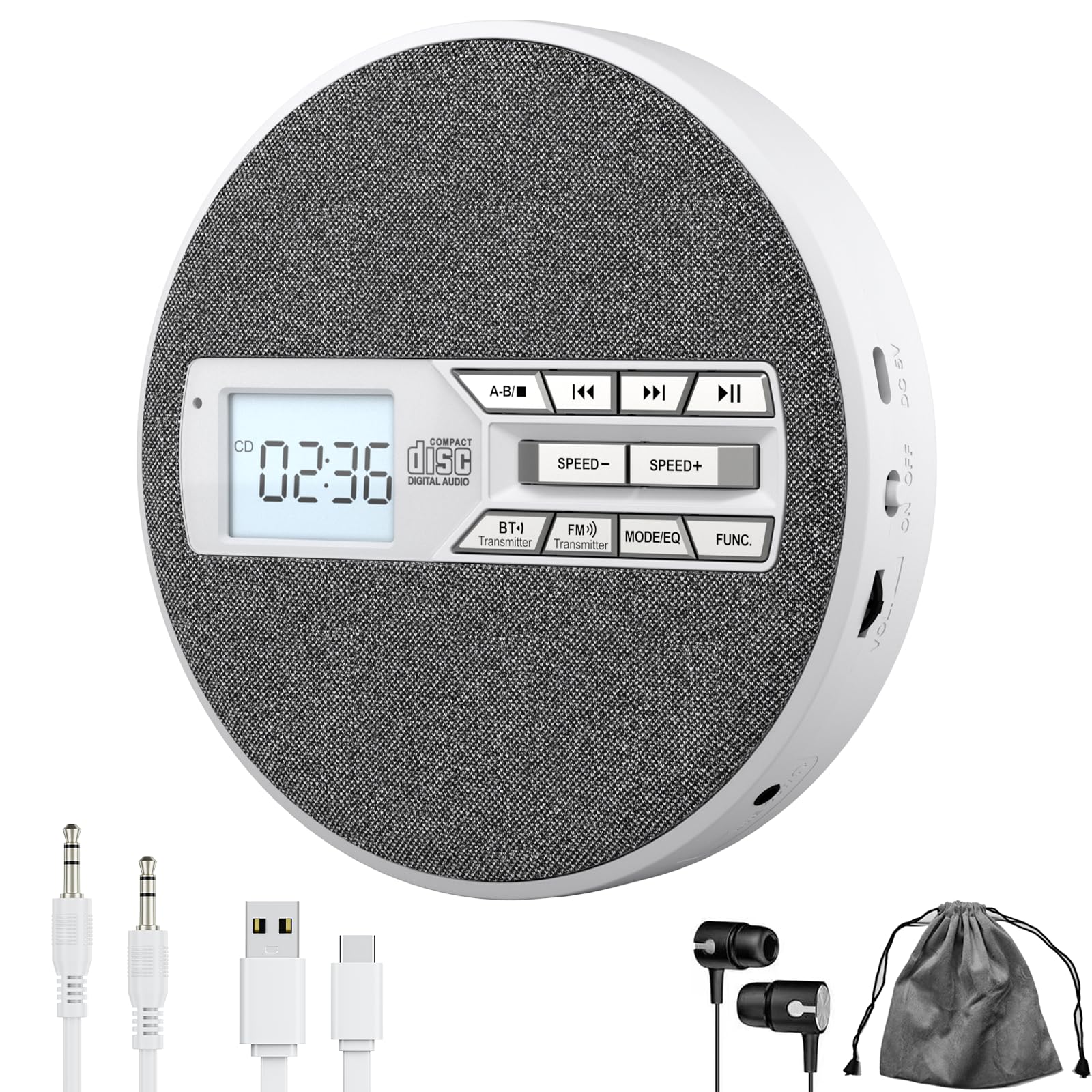 Photo 1 of M-Amazup CD Player Portable, Rechargeable Portable CD Player with Dual Speakers,Anti Skip,CD,Dual Bluetooth,FM Transmission,USB,AUX,LCD Display,Sensitive Button,Repeat,10 Speeds,Fabric White-Gray