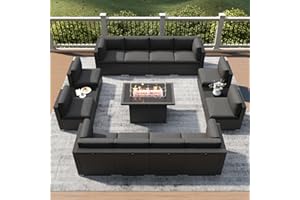 LayinSun 15 Piece Patio Furniture Set with Fire Pit Table, Outdoor Conversation Sets Wicker Rattan Sectional Sofa with Coffee Table