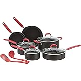 Amazon Basics - Juego de utensilios de cocina antiadherentes anodizados duros de 12 piezas, color rojo, ollas, sartenes y ute