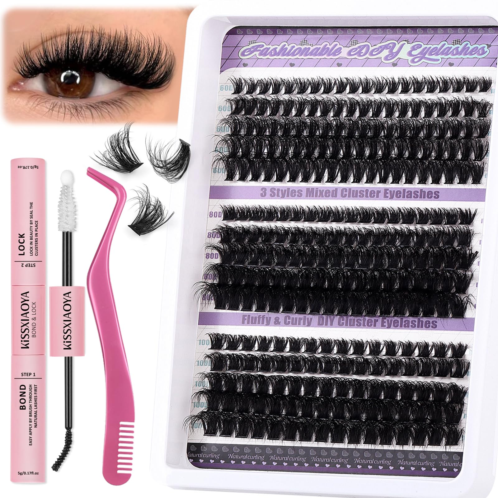 LYMYBETY Fluffy Individual Eyelashes Kit 270Pcs D Curl Cluster Lashes 10-18mm DIY Lash Extension kit Russian Individual Eyelashes with Lash Bond and Seal,Tweezers for Beginners(60+80+100 KIT, 10-18mm) — image 1
