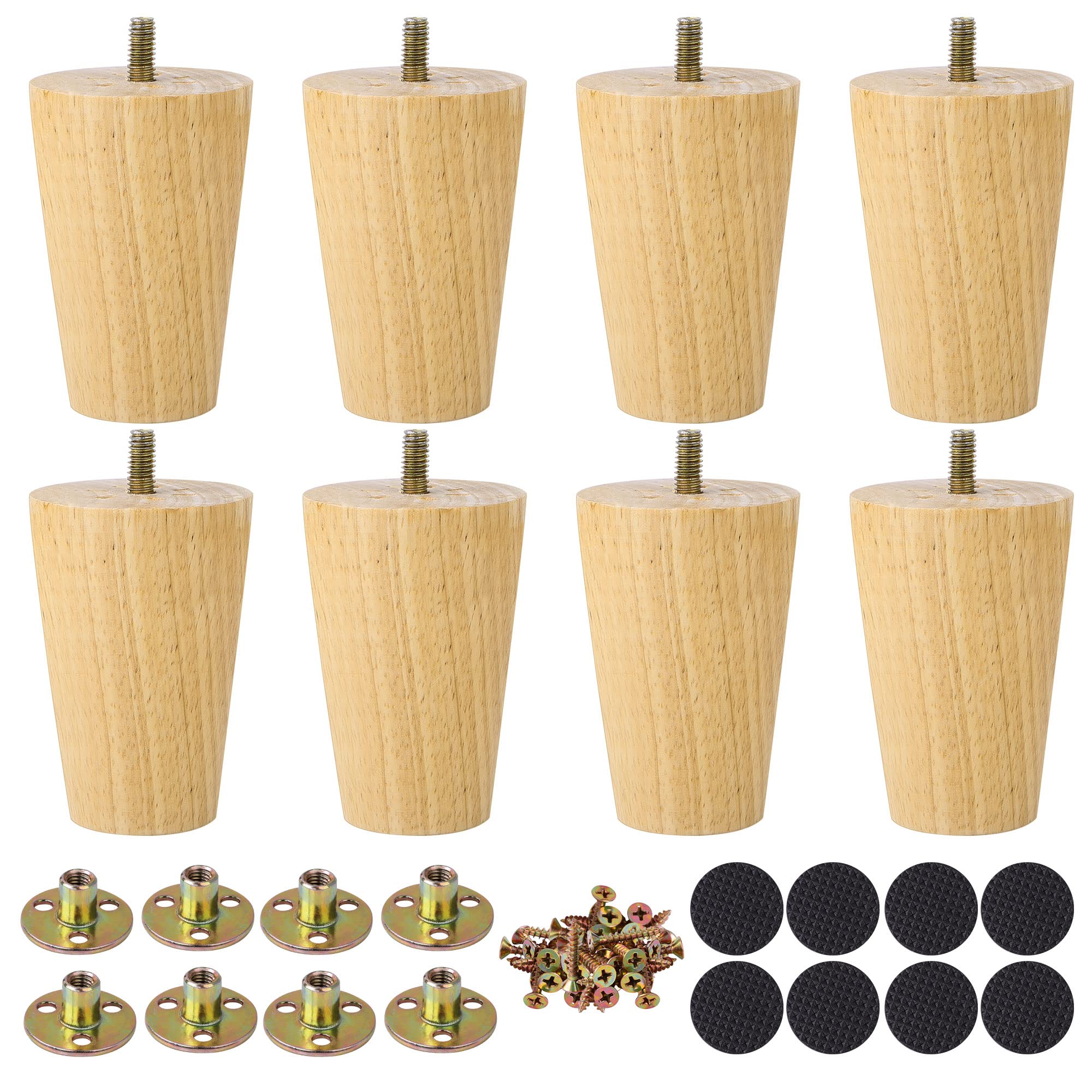 sourcing map Wood Furniture Legs, 4 Inch Sofa Legs Round Solid Wood Couch Legs Wood Color Modern Replacement Feet for Armchair Recliner Coffee Table Dresser Set of 8