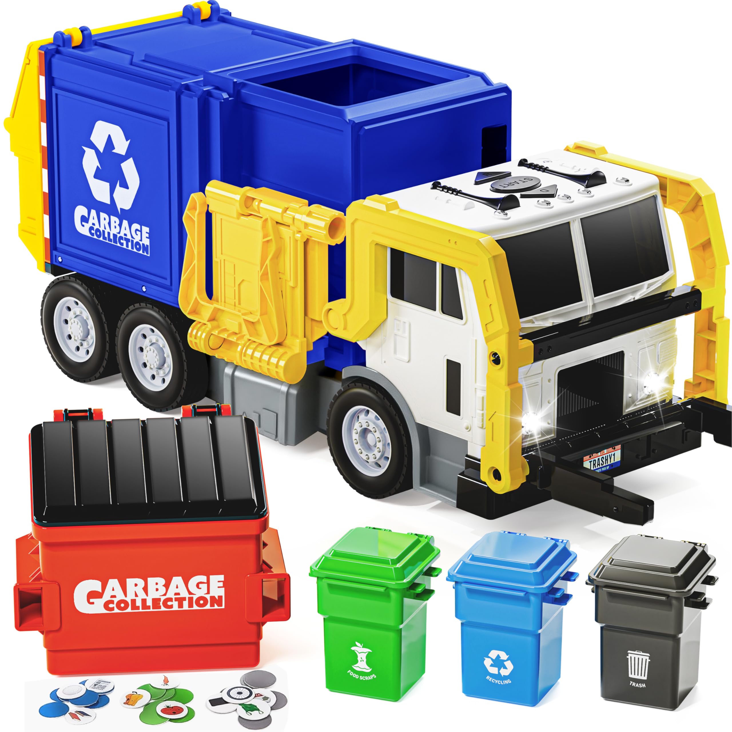JOYIN Jumbo Take Apart Friction Powered Side-Dump Recycling Garbage Truck Toy with Light and Sounds, 3 Trash Cans, Garbage Truck Toys for 3 4 5 6 7 8+Years Old,Birthday Gifts for Boy(Blue)