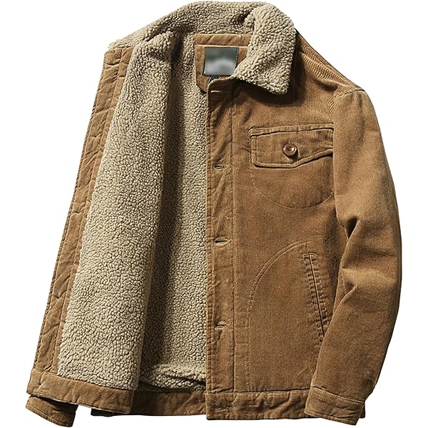 Men's Corduroy Winter Thick Jackets Cargo Full Zip Up Lined Fleece