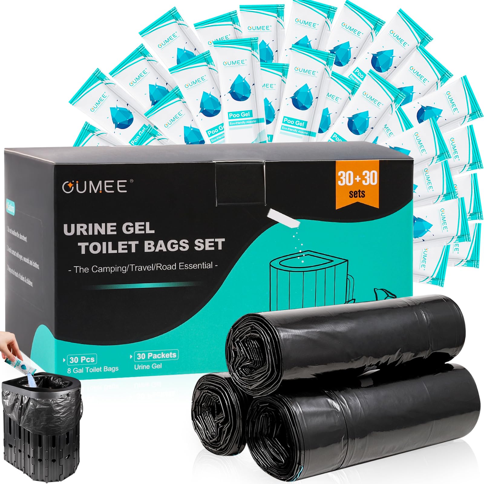 Photo 1 of 60 Portable Toilet Bags with Poo Gel Set, 8 Gallon Camping Toilet Bags with Absorbent Gels, Waste Bags, Leak-Proof Trash Bag for Camping Potty, Traveling