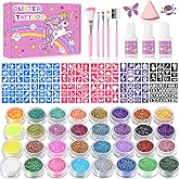 Temporary Glitter Tattoos Kit for Kids,32 Glitter Colors,165 Stencils,3 Glue,5 Brushes,1 Powder Puff,Adults & Kids Arts Glitt