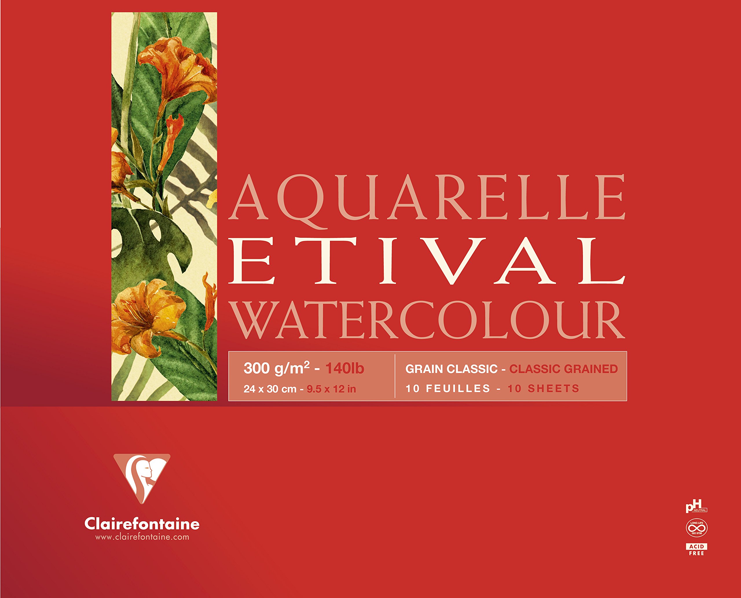 Clairefontaine - Ref 96396C - Etival Classic Grained Glued Watercolour Painting & Drawing Pad (10 Sheets of Paper) - 24 x 30cm - 300gsm Cellulose Art Paper