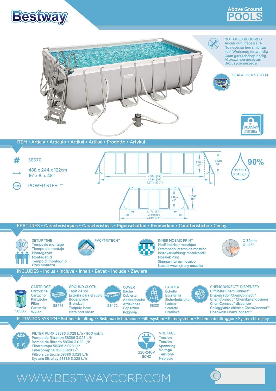 Bestway Power Steel Rectangular Frame Pool Set, viereckig 488x244x122