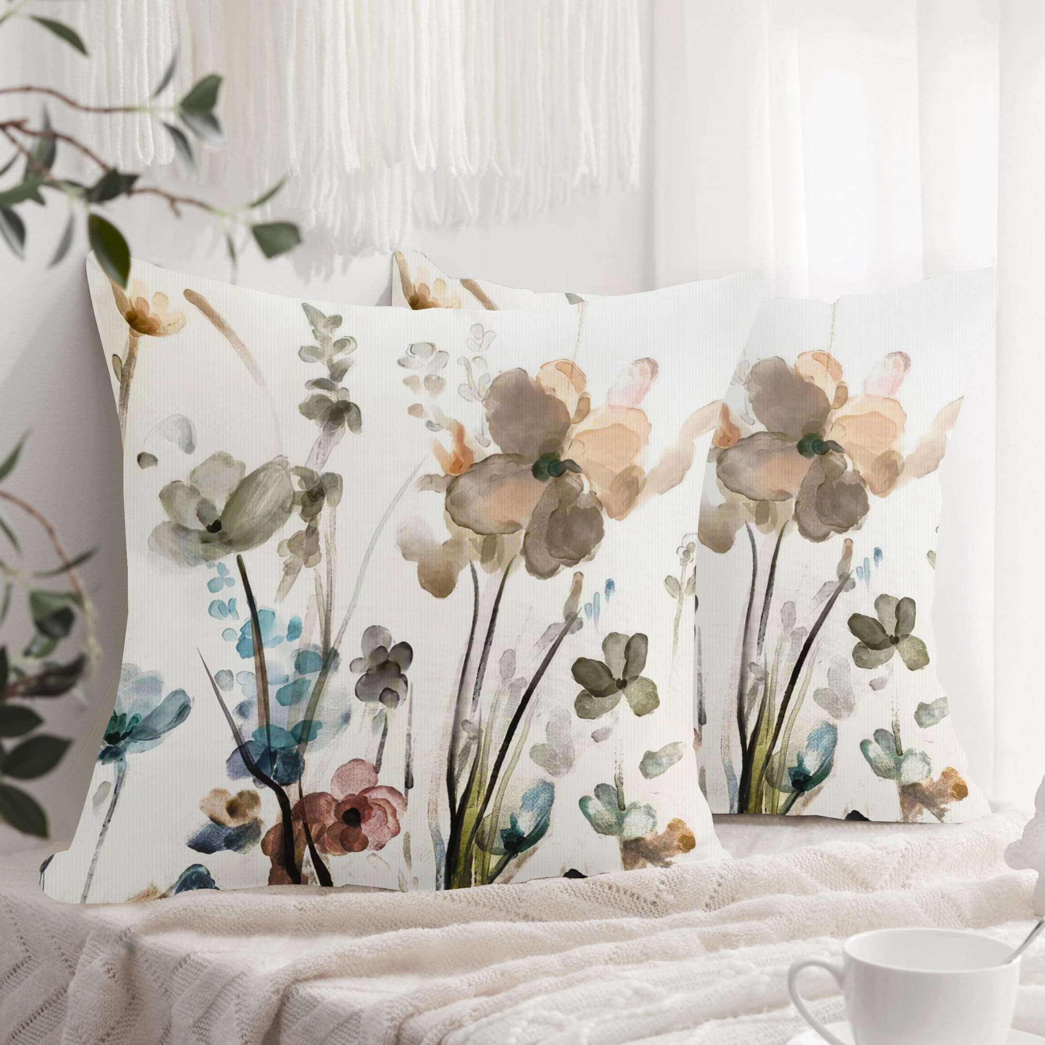 XPHZZL Cushion Cover 2 Pack 40 x 40 cm - Ink Flower Wild Flower Plant Pillow Covers for Sofa Bed Garden Outdoor Spring Decor Flower Plant with Invisible Zipper 16 x 16 Inch