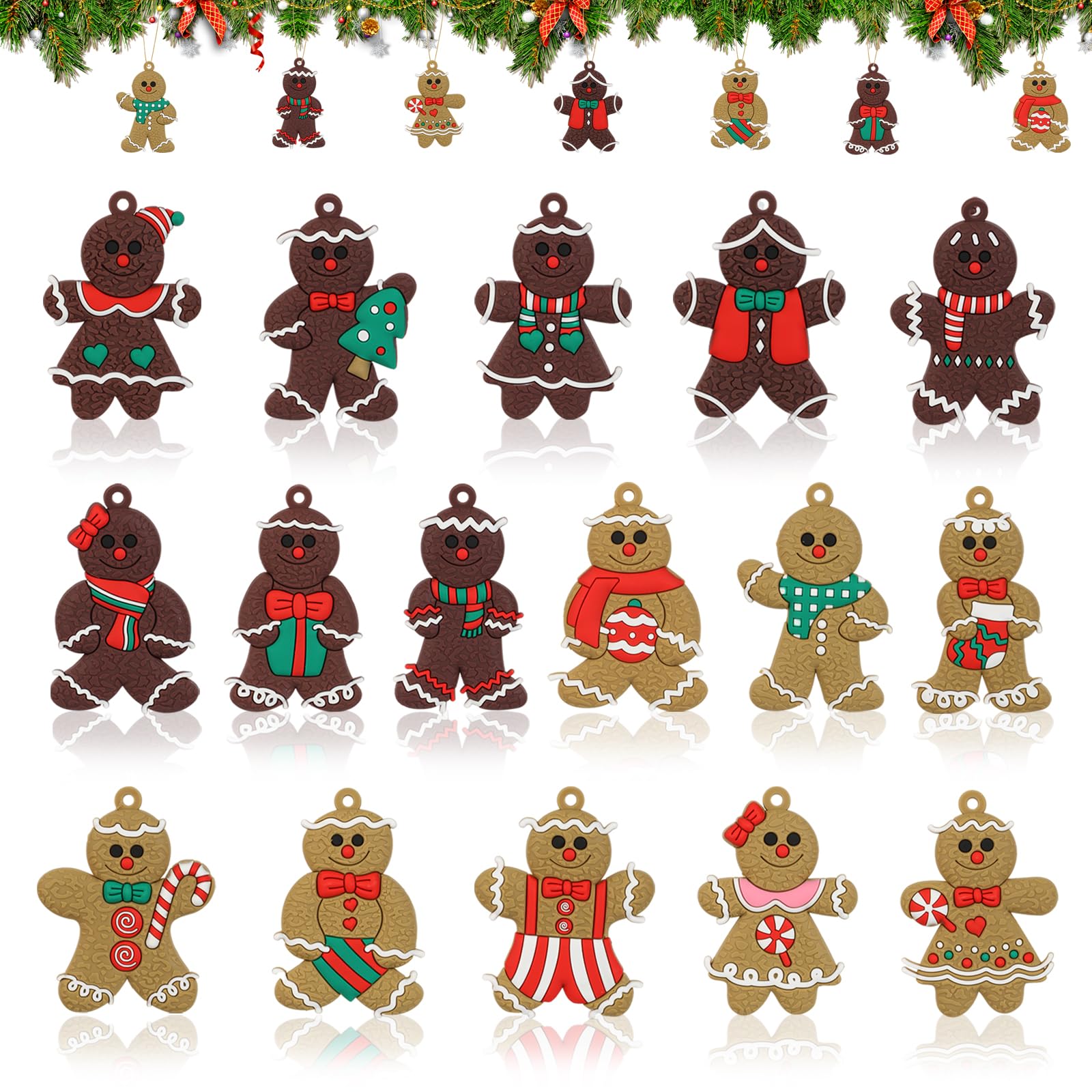 16 Pcs Gingerbread Man Ornaments for Christmas Tree, Soft Silicone Christmas Decorations, 3 Inch Adorable Gingerbread Figurines for Xmas Tree Hanging Decor, Gift Tags & Party Favors (16 Designs)