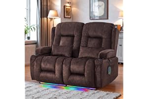 URRED RV Wall Hugger Power Loveseat Recliner Sofa，Brown：54" | Dual Reclining Loveseat with Massage & Heat, Home Theater Seating with LED Ambient Light, Velvet Fabric