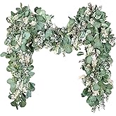 Ouddy Decor Eucalyptus Garland 6.56 Ft Lush Silver Dollar Leaves Boxwood with White Buds Artificial Faux Greenery Vines for Baby Shower Wedding Party Table Runner Room Home Mantle Decor