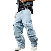 MZNBURAM Men's Y2K Hip Hop Baggy Cargo Jeans Loose Fit Wide Leg Denim Pants Casual Streetwear Trousers
