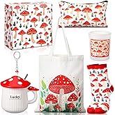 Tioncy 7 Pcs Christmas Mushroom Gifts Set for Women Include Mushroom Mug Tote Bag Canvas Makeup Bag Candle Socks Keychain Gift Box for Plant Cute Stuff Lovers