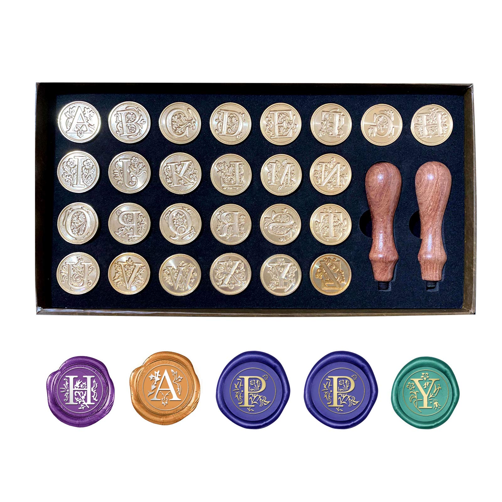 Wax Seal Stamp Set, 26 Letters A-Z Vintage Retro Brass Sealing Kit With Removable Alphabet Heads and Wooden Handles for Invitations, Cards, Letters, Envelopes (26 PCS)