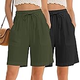 Neer 2 Pack Women's Linen Bermuda Shorts High Waisted Drawstring Wide Leg Casual Beach Knee Length Shorts with Pockets