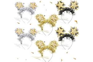 Knitgrip 6 Pcs 2026 Happy New Year Headband with Star Boppers Headdresses Black Gold Silver Headdresses for New Year's Eve Party Supplies Holiday Supplies