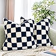 AmHoo Pack of 2 Decorative Throw Pillow Covers Checkerboard Luxury Super Soft Faux Fur Wool Set Case Cushion for Couch Sofa Bedroom 20 x 20-Inch Navy Blue