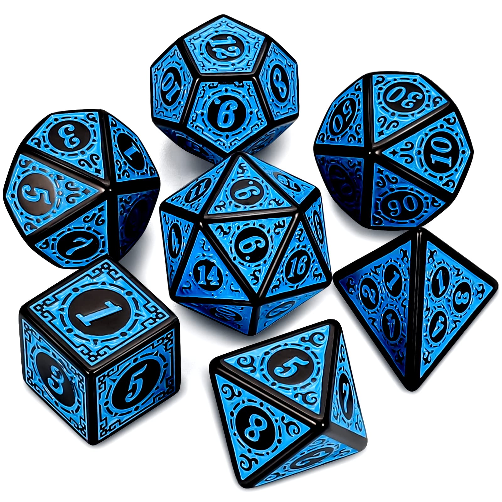 QMAY DND Dice Polyhedral Dice Set - 7 Pieces for Dungeon and Dragons MTG RPG D&D D20, D12, D10, D%, D8, D6, D4 (Blue Engraving) — image 1