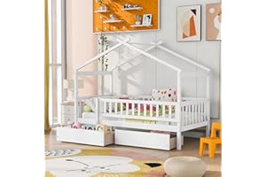 Merax Twin Size Wooden House Bed with Two Drawers, Wood Bed Frame with Roof and Safety Guardrail for Kids, Teens, Boys or Girls, White