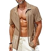 Runcati Mens Button Down Shirts Short Sleeve Hollow Out Knit Shirt Cuban Collar Casual Crochet Beach Summer Tops