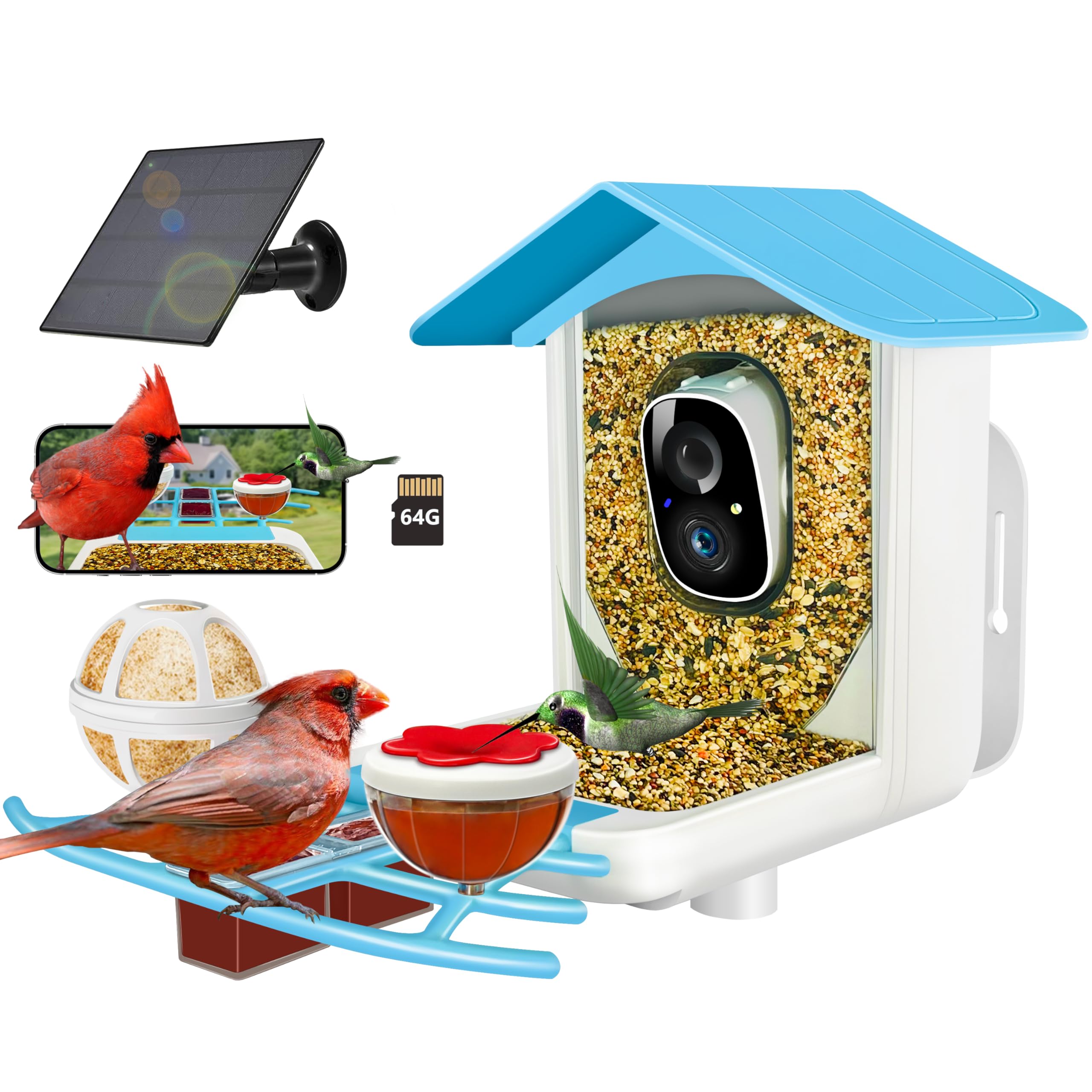 Photo 1 of 64GB Smart Bird Feeder with Camera Solar Powered, 2K 3MP HD Live Video &Playback on Phone, AI Identify +10,000 Bird Species, 2.4G WiFi Bird Feeder Camera Wireless Outdoor House-Bird Watching (Blue)