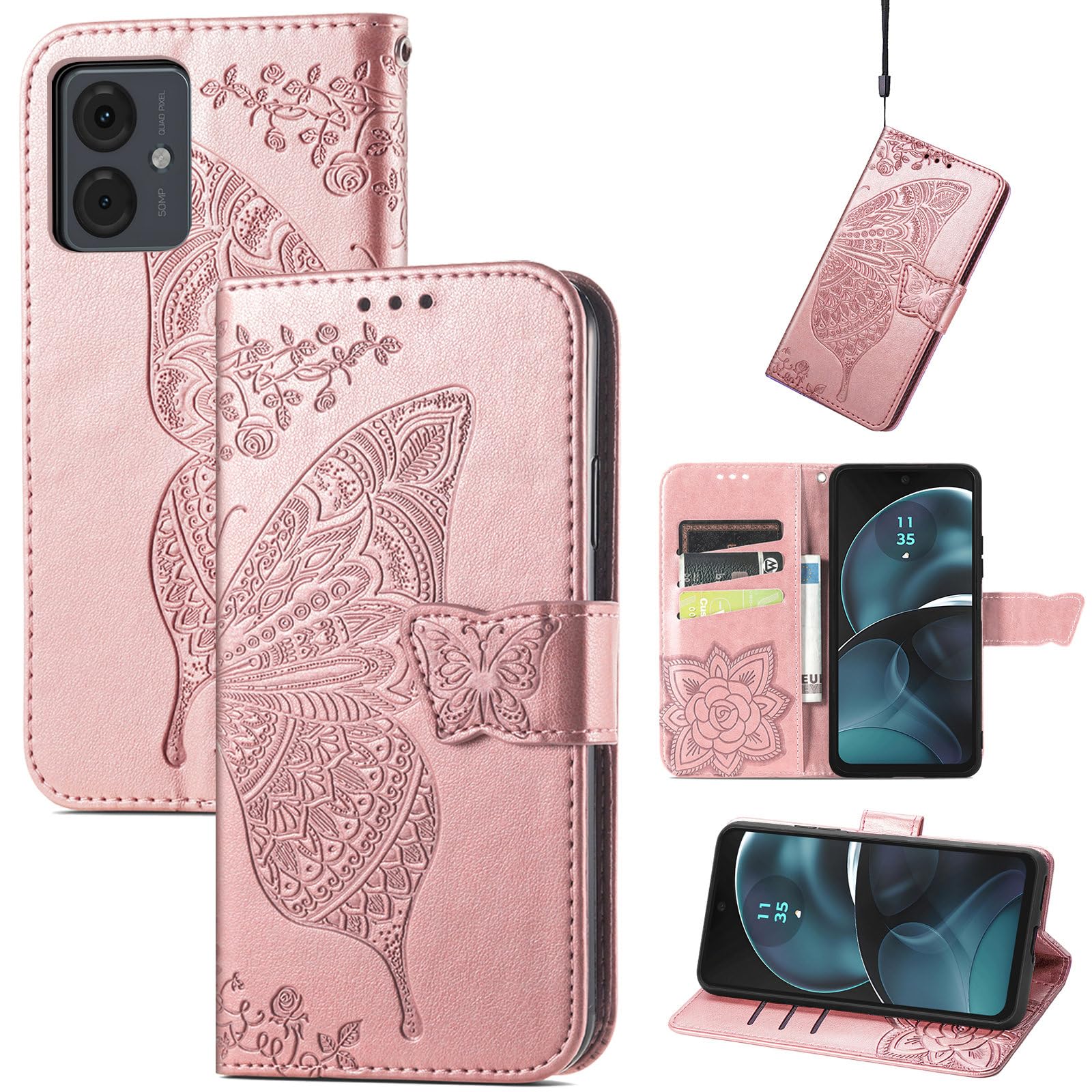 JIUNINE Case for Motorola Moto G14, Leather Wallet Case Flip Cover with Butterfly Embossed Pattern [Card Holder] [Magnetic Closure] [TPU Inner Shell] for Motorola Moto G14, Rosegold