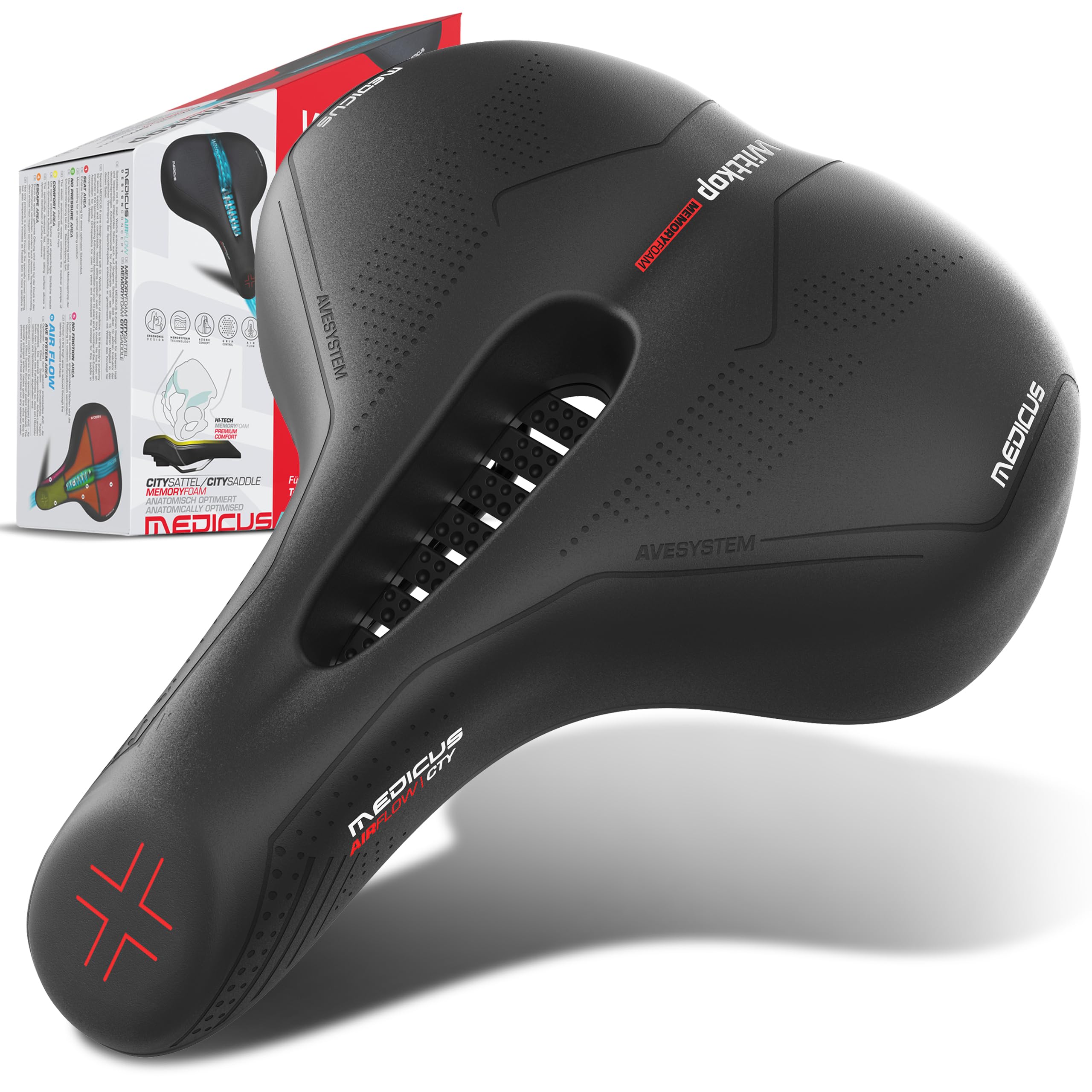 WITTKOP bicycle saddle with innovative 5-zone Medicus concept and orthopedic memory foam padding I comfortable bicycle saddle for men and women I MTB, trekking, city