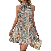 Floerns Women's Paisley Print Pleated Halter Dress Sleeveless A Line Short Dresses