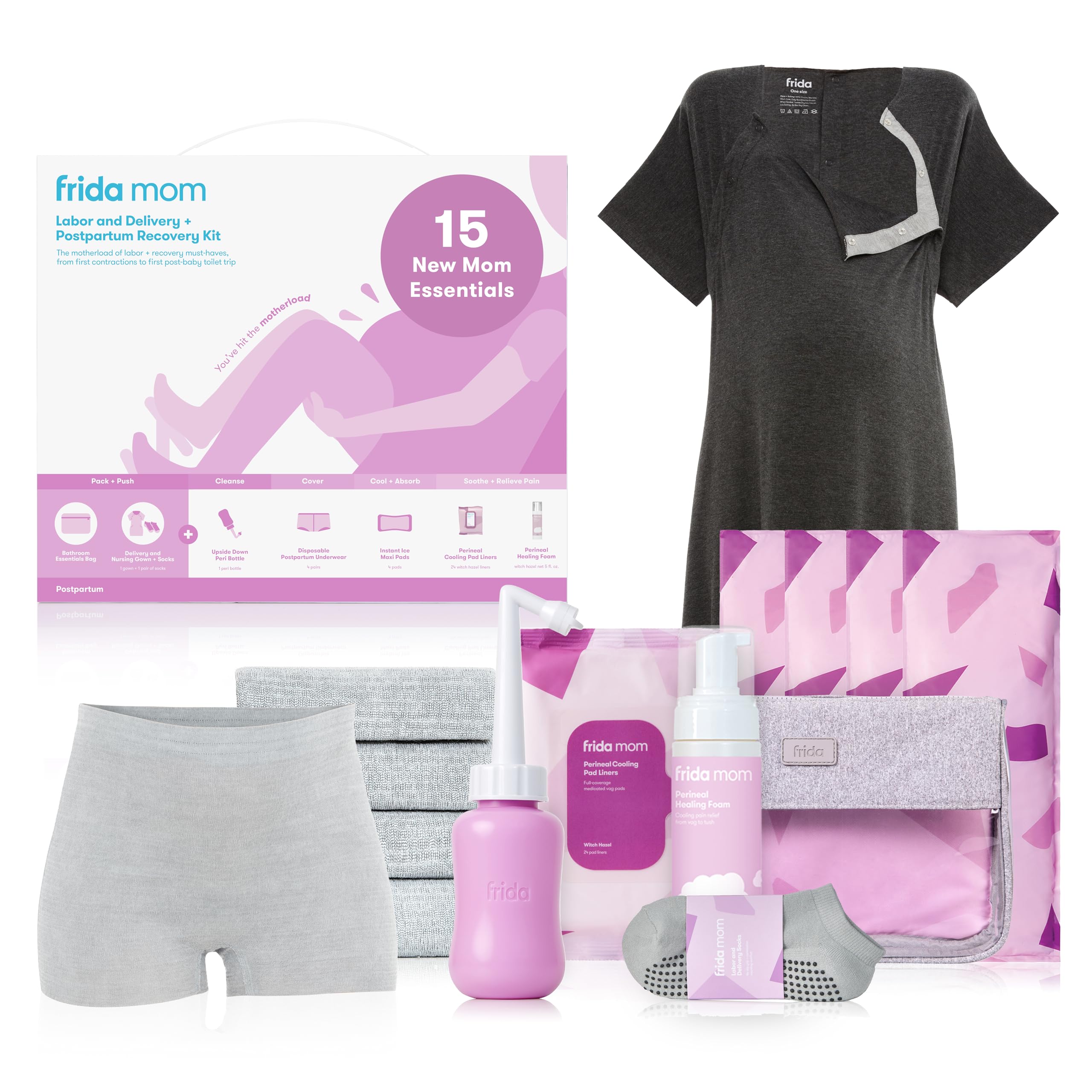 Frida Mom 15pc Labor & Postpartum Kit Gift Set for Baby Showers & Mom to Be, Includes Peri Bottle, Nursing Gown, Disposable Underwear, Ice Maxi Pads, Pad Liners, Perineal Foam, Socks & Toiletry Bag