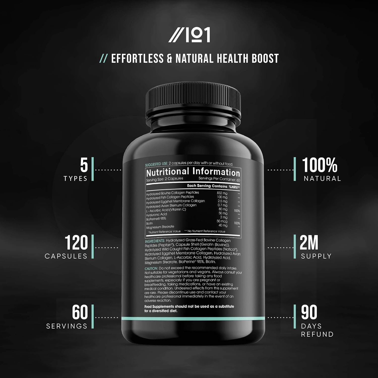 Multi Collagen 2400mg, Types I, II, III, V & X, 180 Capsules, Wild Caught Marine, Grass Fed Bovine - Image 3