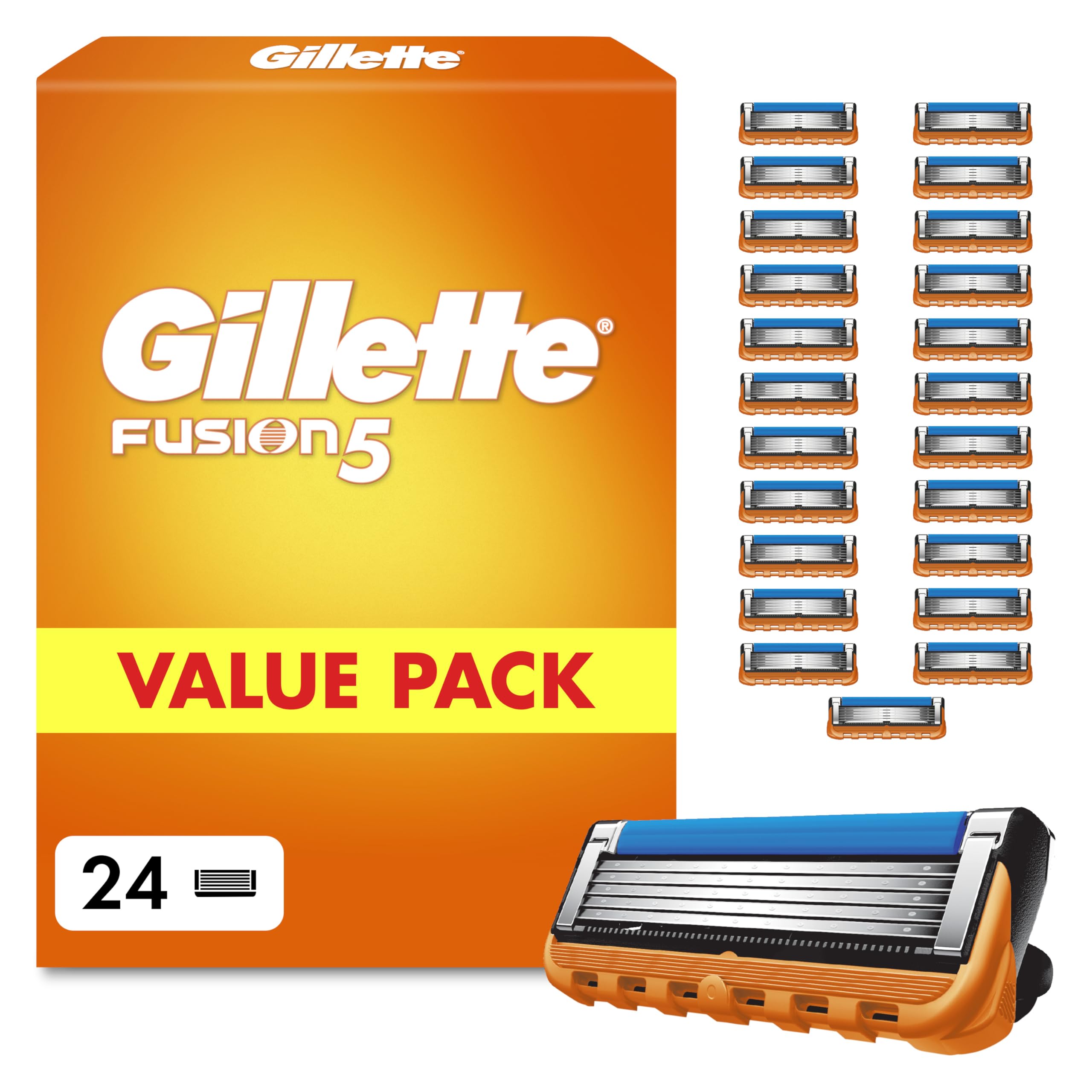 Gillette Fusion 5 Klingen Herren, 24 Original Rasierklingen, Orange - Für Nassrasierer mit Größerem Gleitstreifen für Ein Sanftes Gleiten Und für Eine Unglaublich Gründliche Rasur