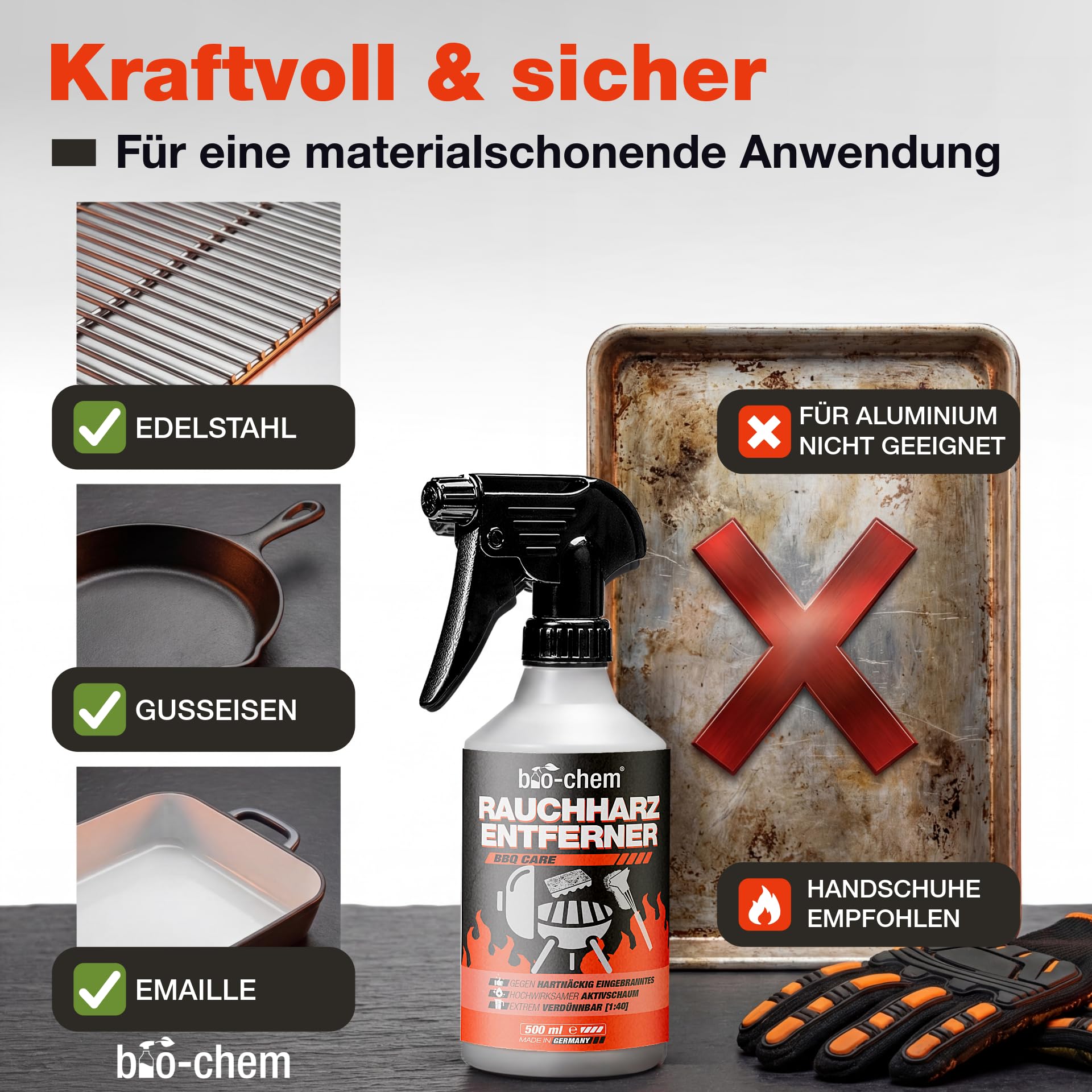 bio-chem Rauchharz-Entferner - 500 ml - Backofen- und Grillreiniger Konzentrat für Gasgrill, Edelstahl, Gusseisen u.v.m. - Extrem kraftvolle Formel gegen hartnäckige Ablagerungen - Made in DE 4