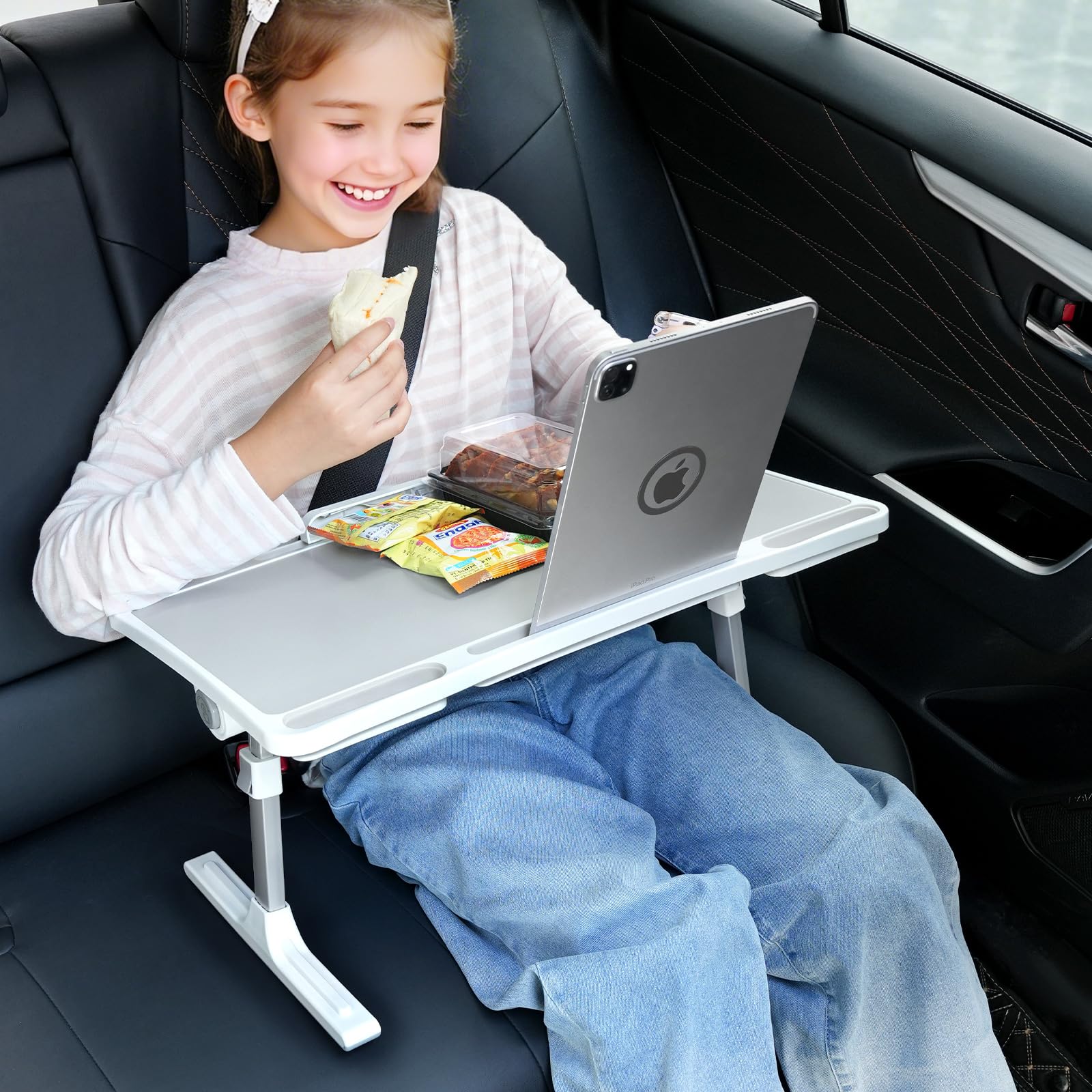 Photo 1 of DICMKY Large Car Seat Tray Table, Foldable Travel Tray for Kids Car Seat, Height Adjustable Car Lap Desk for Laptop Computer Tablet, Rear Seat Food Eating Tray, Car Travel Essentials for Long Trips